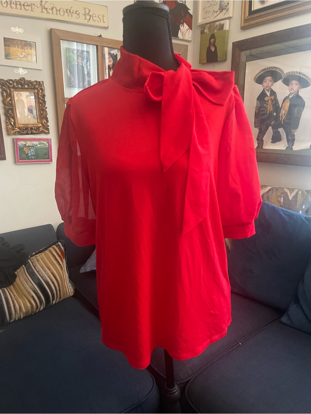 Cable & Gauge Red Bow-Tie Puff Sleeve Blouse